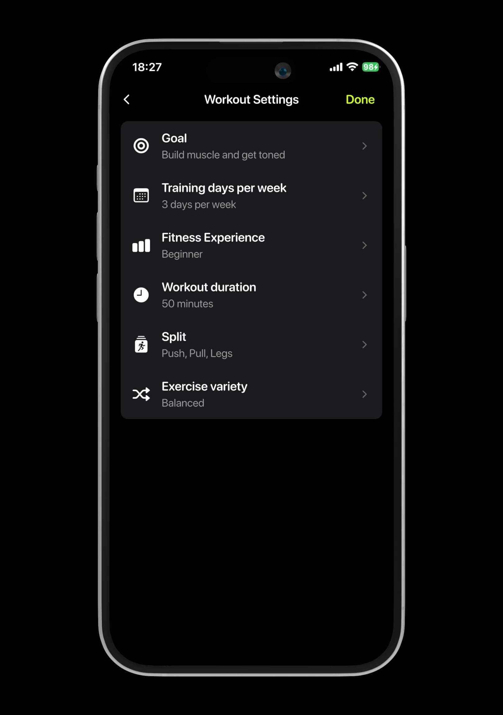 Workout settings screen showing goal, schedule, experience, duration, split, and exercise variety